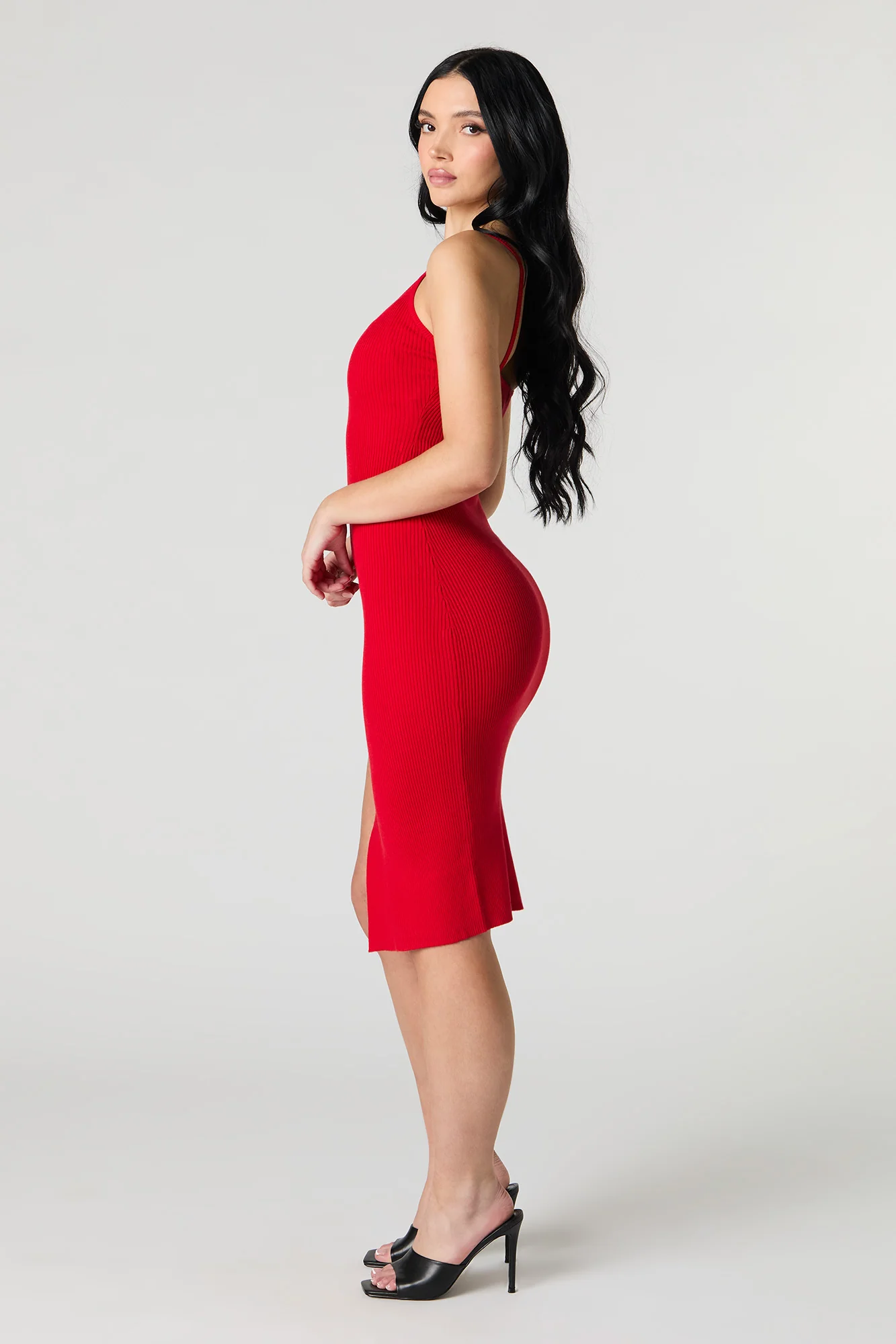 Ribbed Knit V-Neck Slit Midi Dress - Image 5