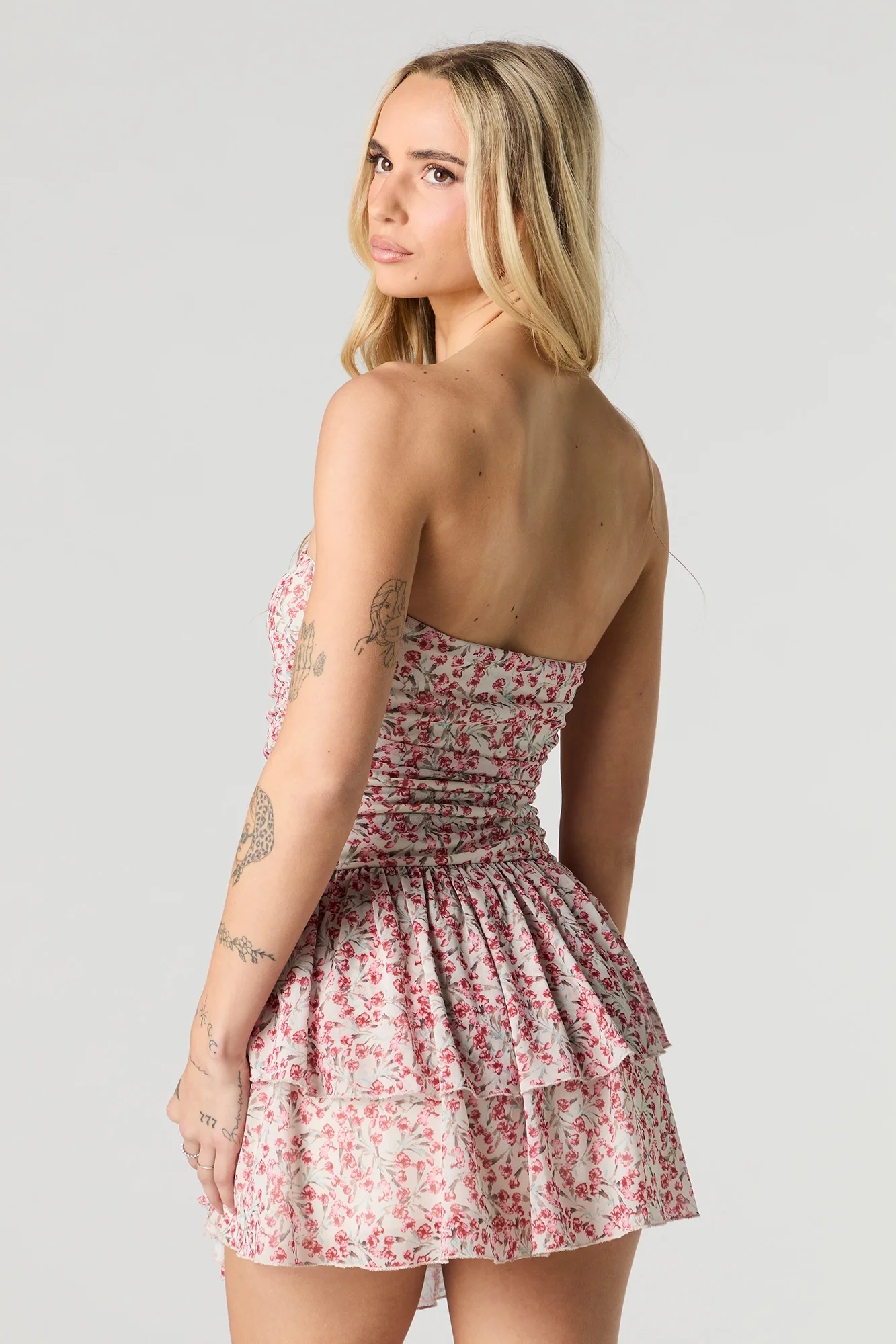 Floral Mesh Strapless Tiered Mini Dress - Image 3