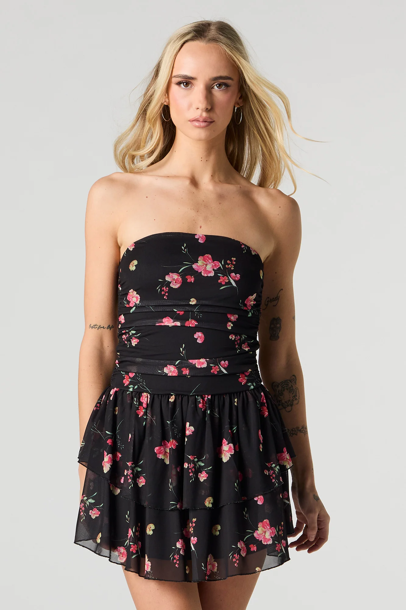 Floral Mesh Strapless Tiered Mini Dress - Image 5
