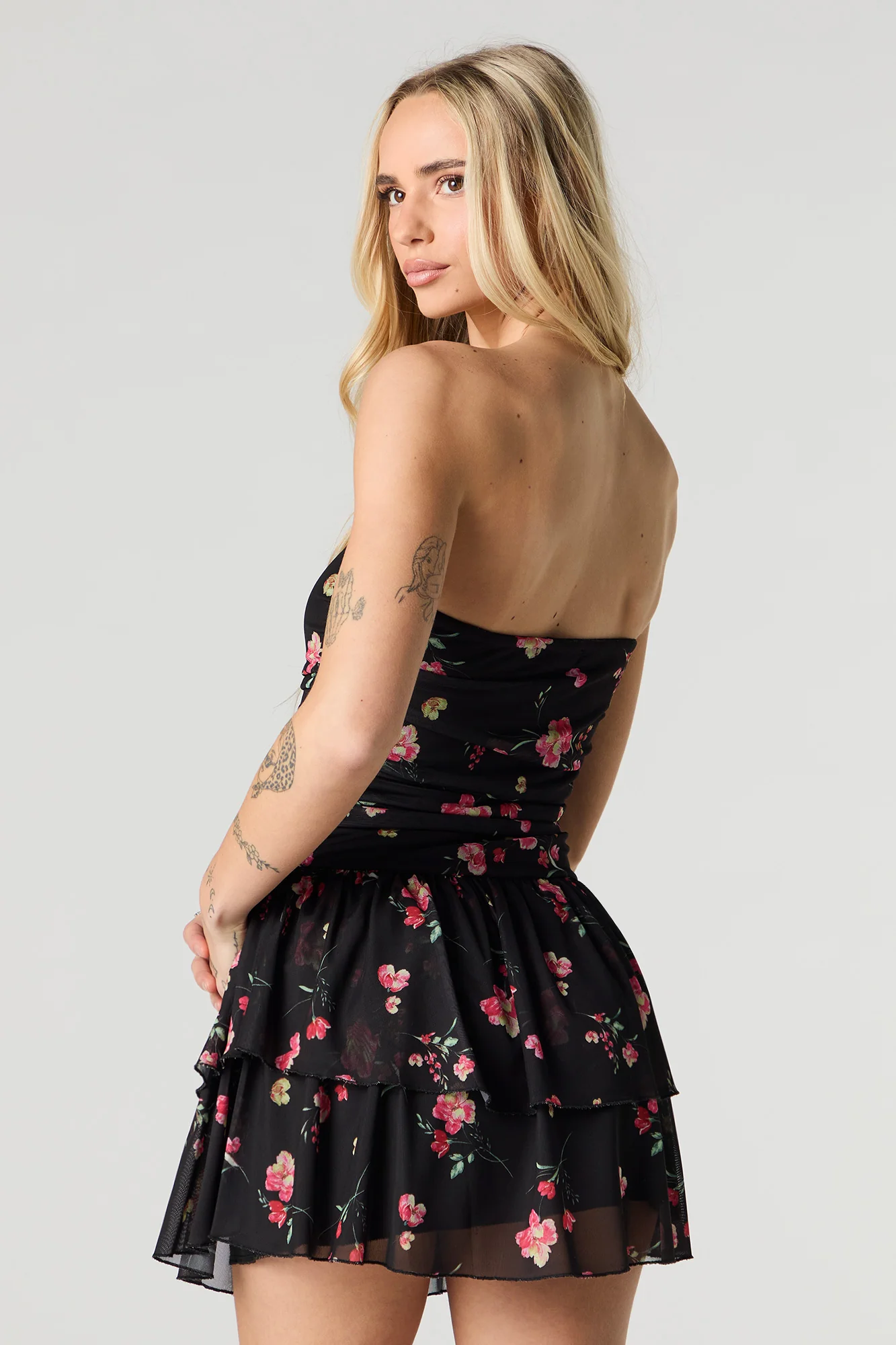 Floral Mesh Strapless Tiered Mini Dress - Image 6