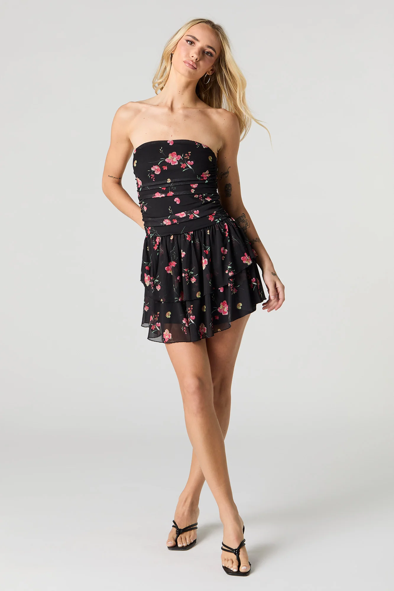 Floral Mesh Strapless Tiered Mini Dress - Image 7