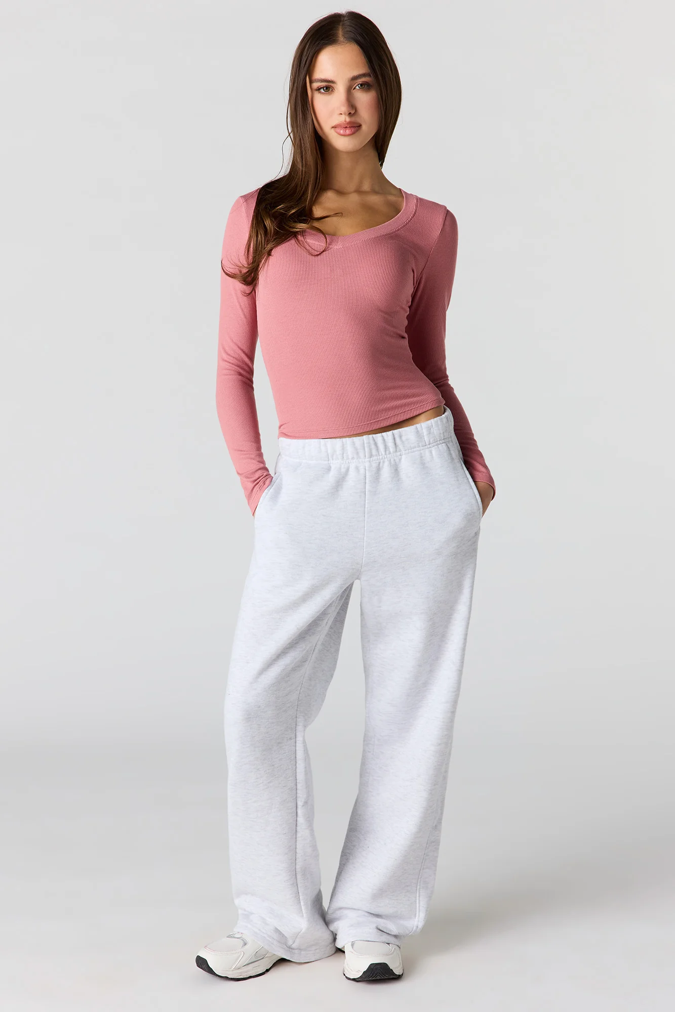 Ribbed V-Neck Long Sleeve Top - Image 21