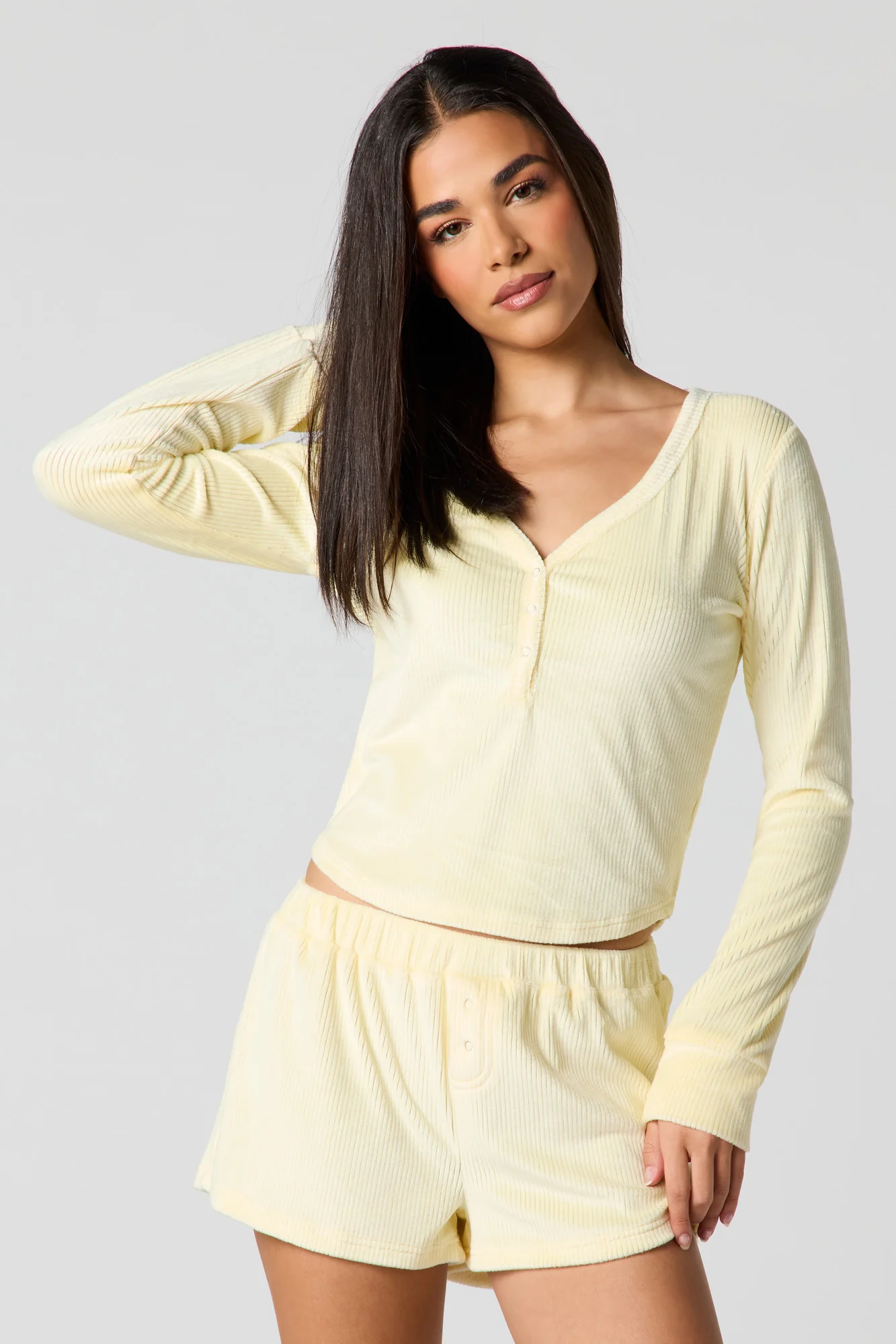 Velour Long Sleeve Top & Short Pajama Set