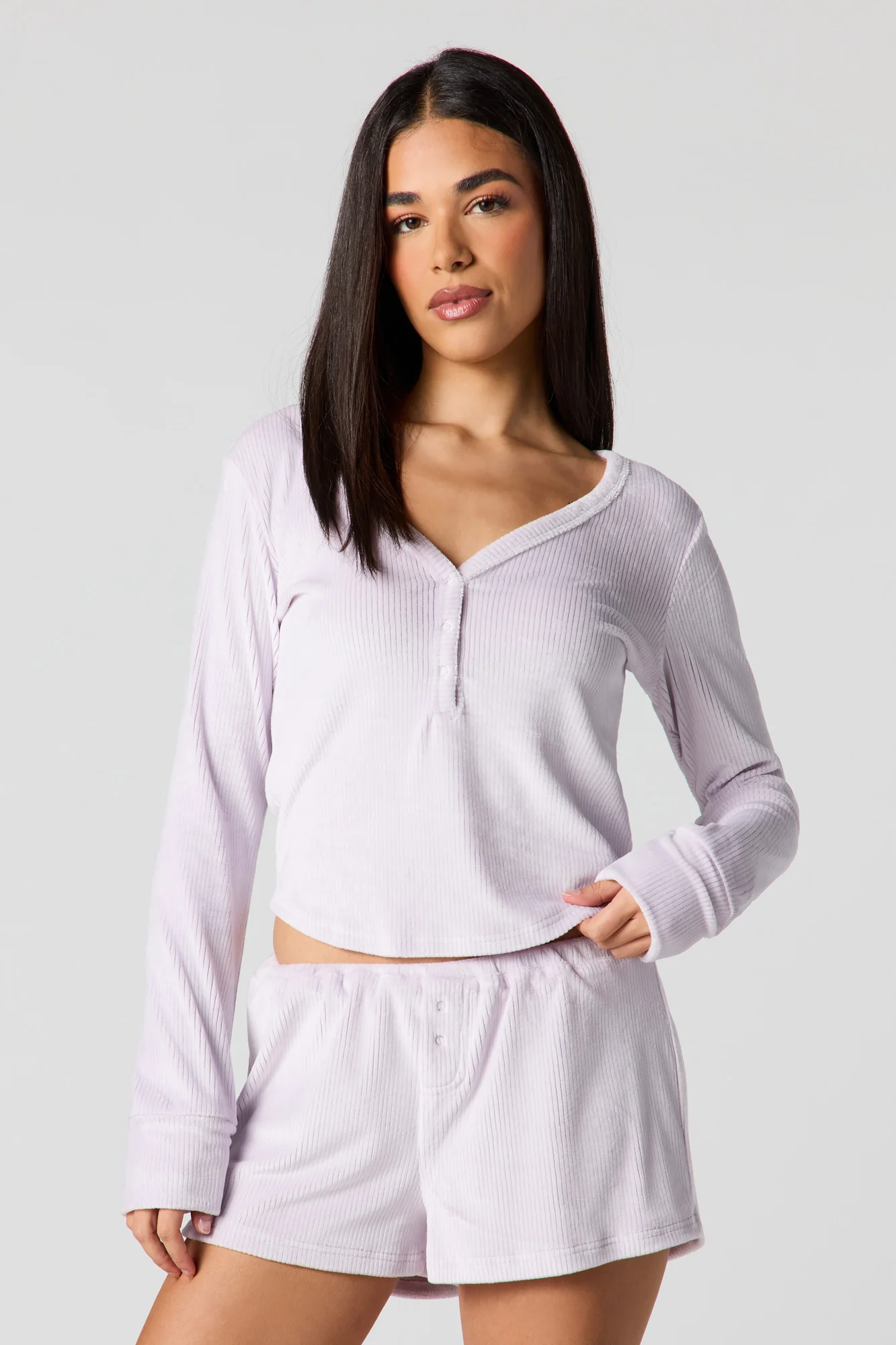 Velour Long Sleeve Top & Short Pajama Set - Image 10