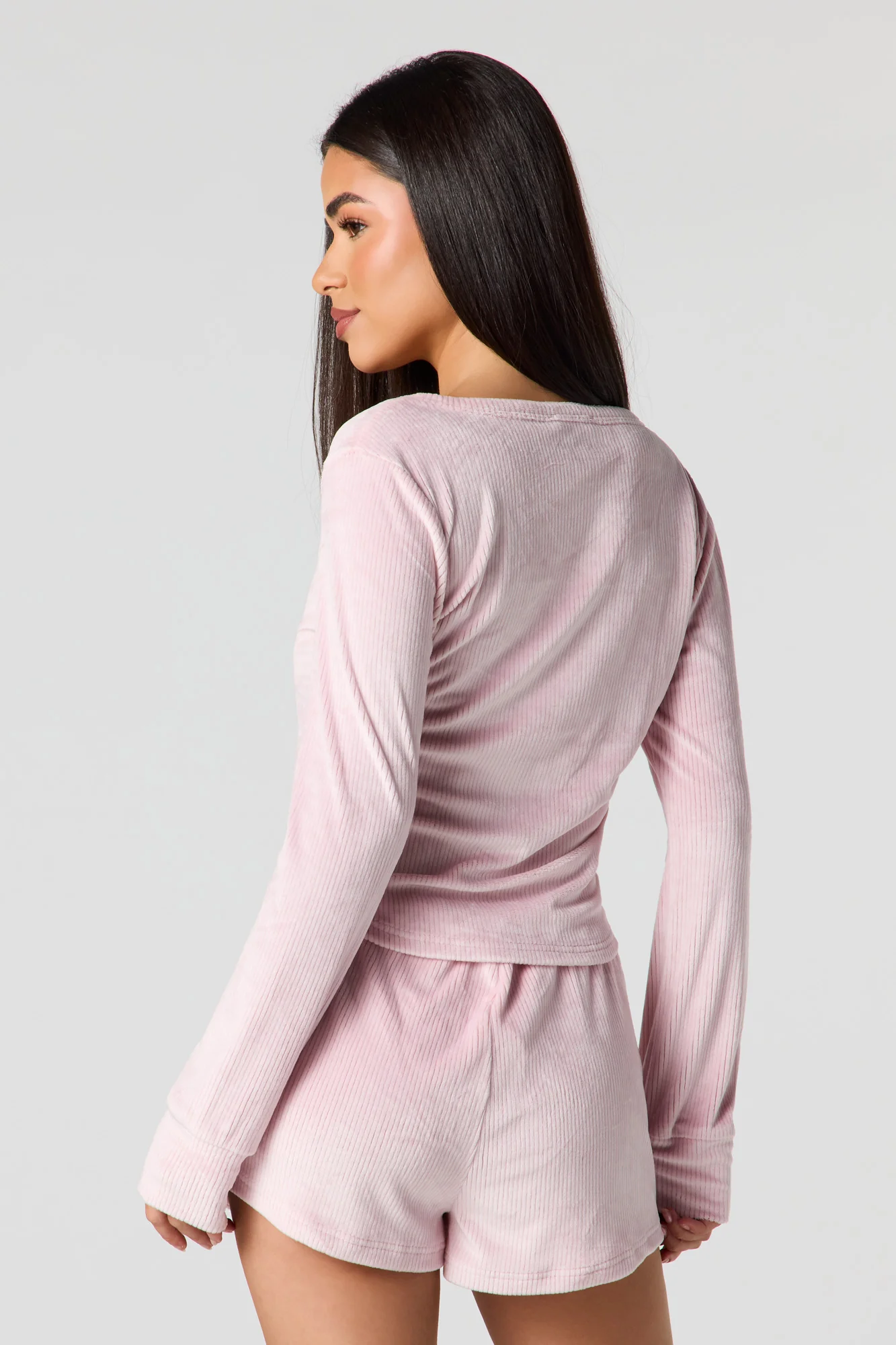 Velour Long Sleeve Top & Short Pajama Set - Image 14