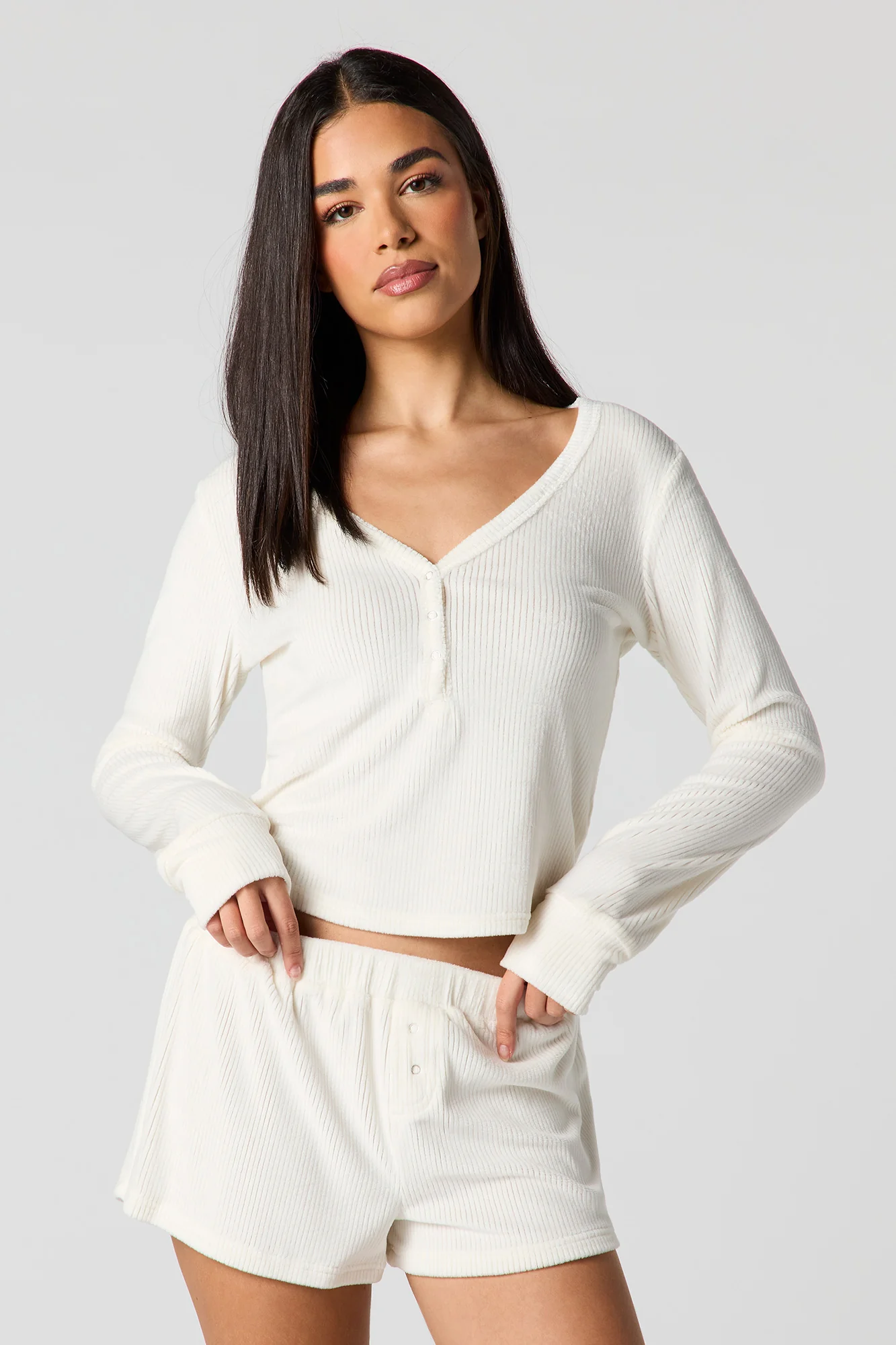 Velour Long Sleeve Top & Short Pajama Set - Image 4