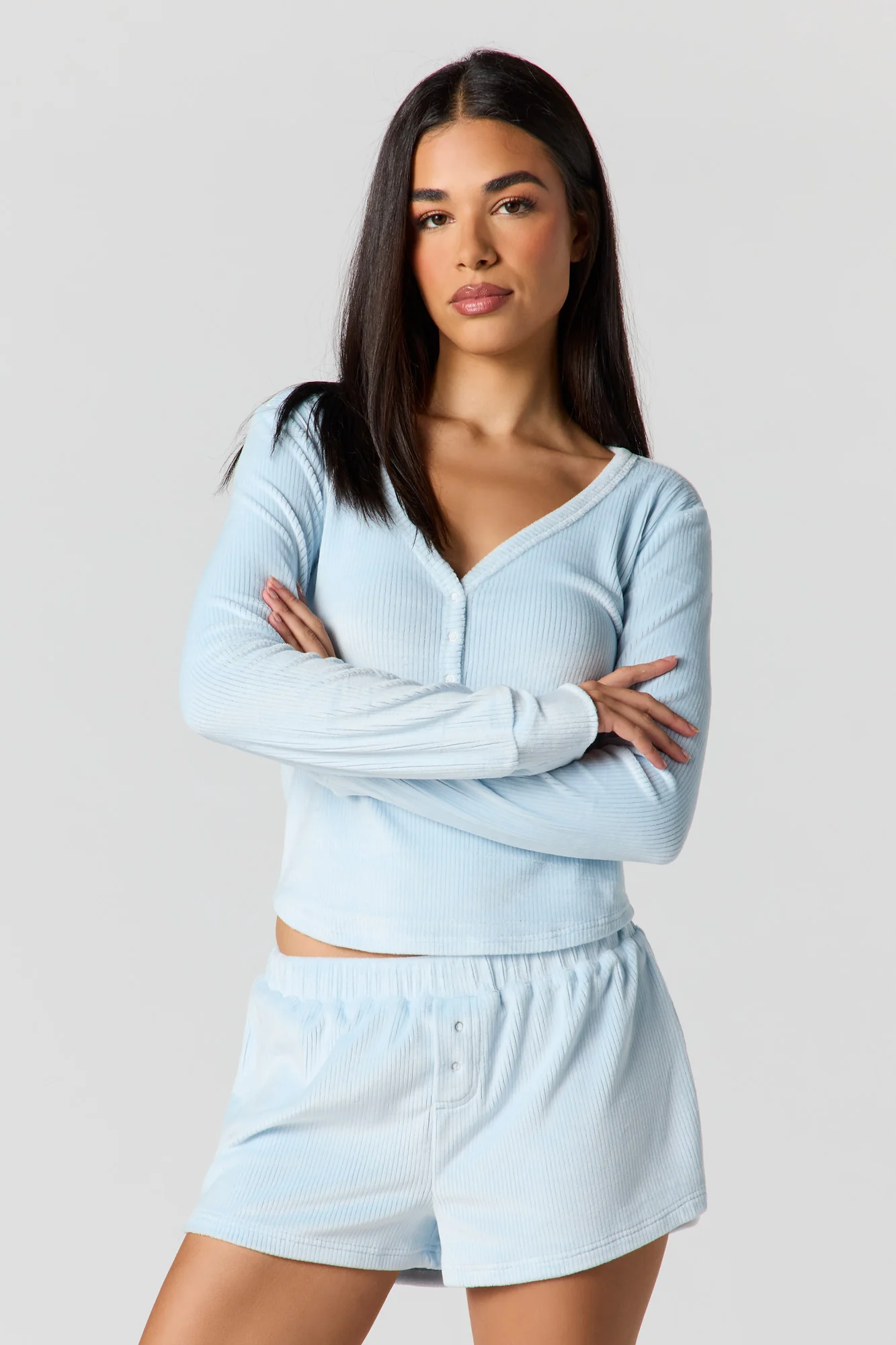 Velour Long Sleeve Top & Short Pajama Set - Image 7