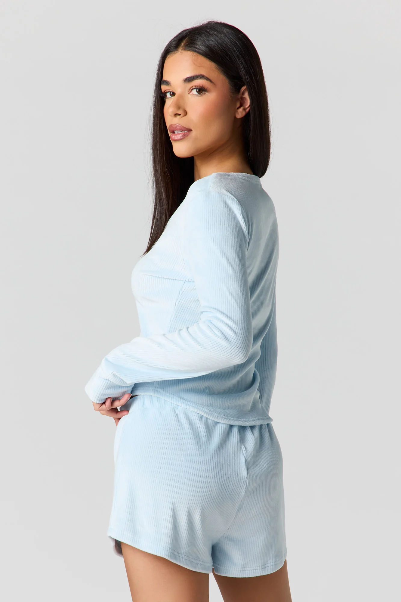Velour Long Sleeve Top & Short Pajama Set - Image 8